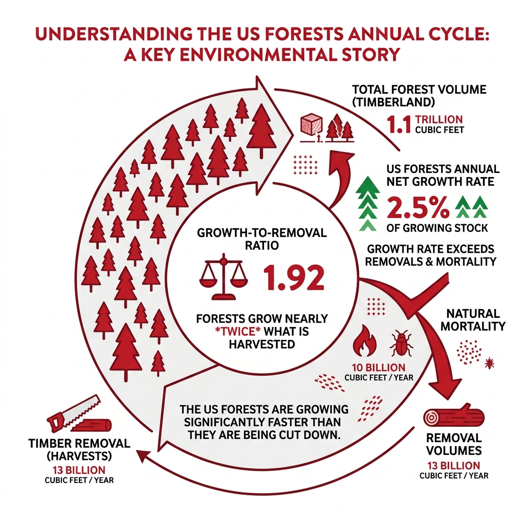 Annual cycle infographic showing US forest growth rate, mortality, and timber removal volumes - us forests growth rate