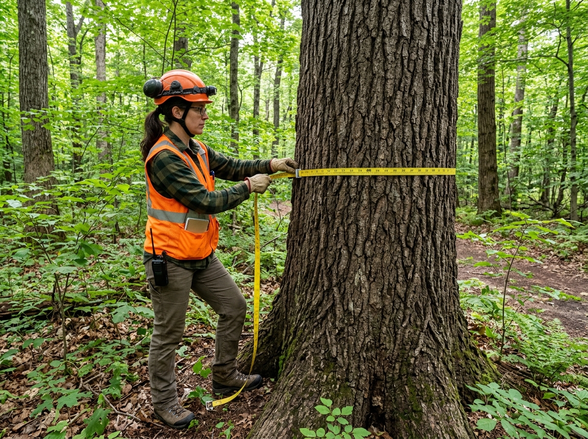 A professional forester using a diameter tape to measure a hardwood tree in a managed forest - us forests growth rate