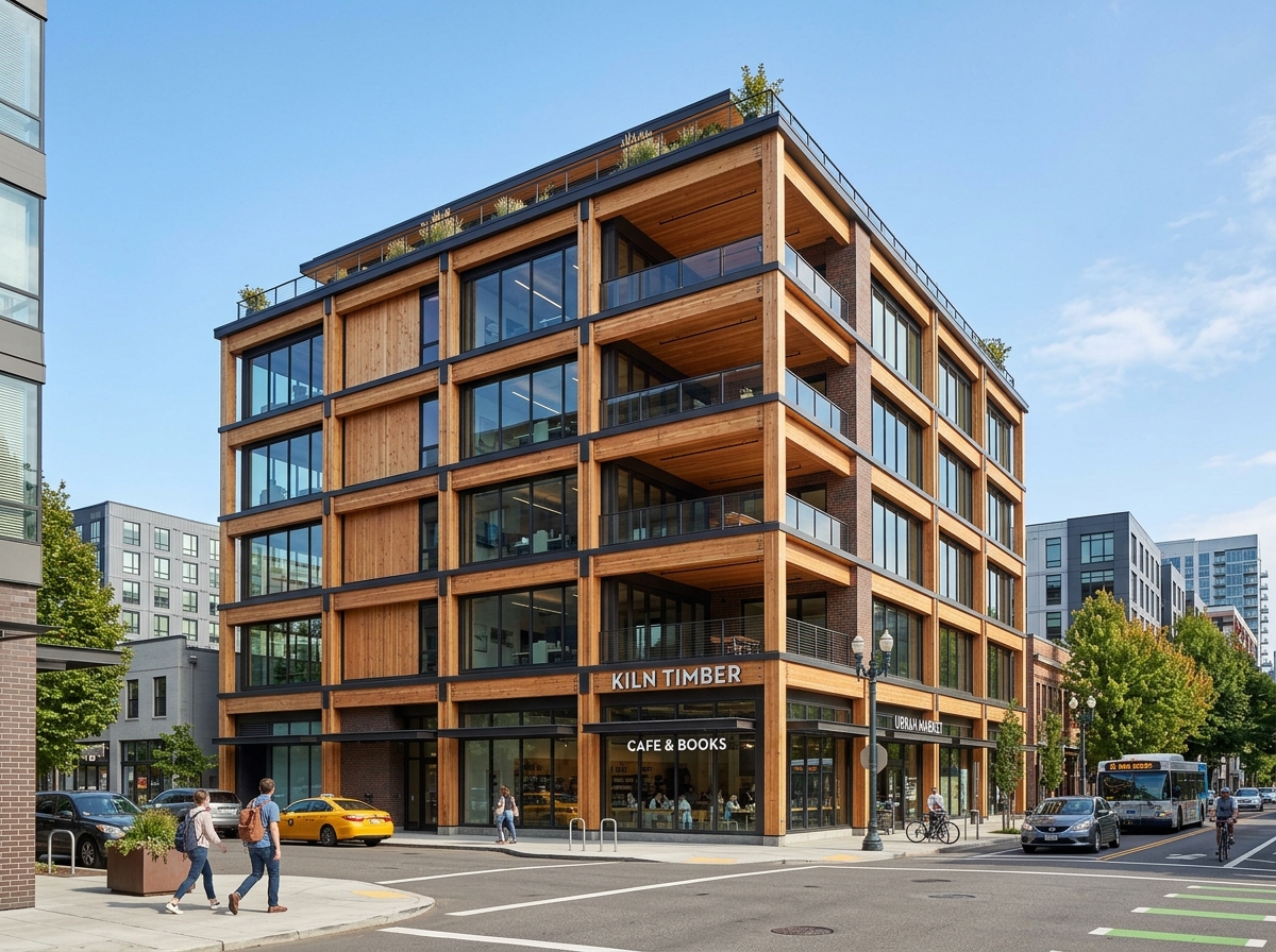 Modern mass timber mid-rise building showcasing exposed wooden structural elements - renewable timber for construction