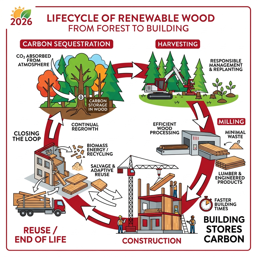 Lifecycle of renewable wood from forest to building — carbon sequestration, harvesting, milling, construction, reuse