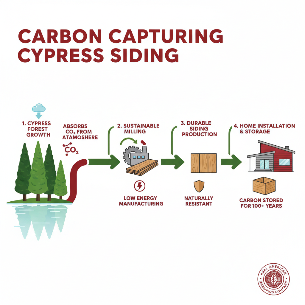 Carbon cycle infographic from cypress forest growth to finished siding installed on a home - carbon capturing cypress siding