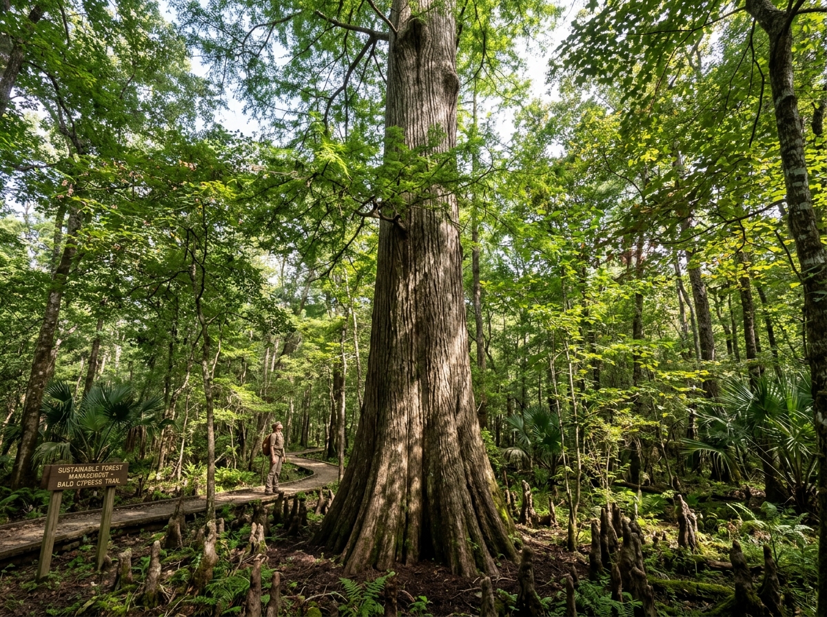 A towering Bald Cypress tree standing in a sustainably managed American forest - carbon capturing cypress siding