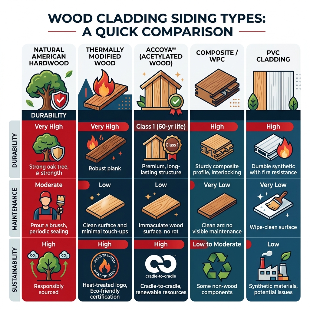 Comparison infographic of wood cladding siding types by durability, maintenance, and sustainability - wood cladding siding