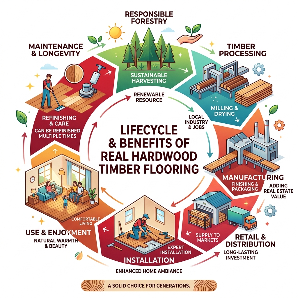 Lifecycle and benefits of real hardwood timber flooring from forest to finished floor - hardwood timber flooring infographic 