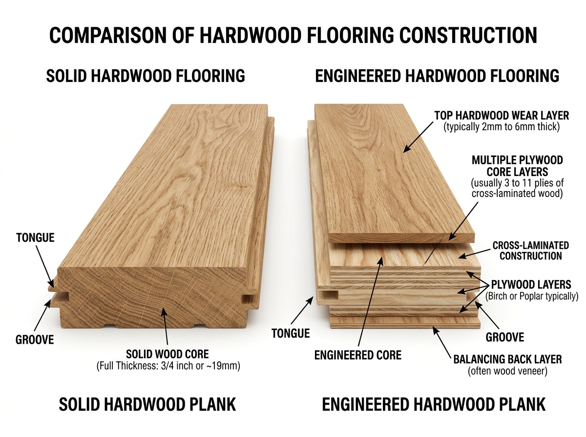 Cross-section comparison showing the layers of solid vs. engineered hardwood planks - hardwood timber flooring