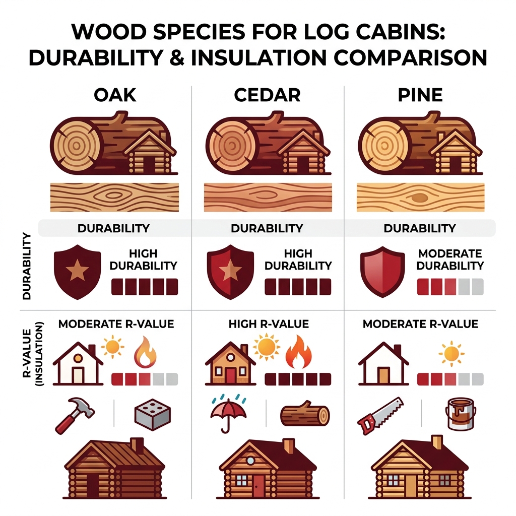 Table comparing wood species by R-value and durability: Oak (High Durability, Moderate R-value), Cedar (High Durability