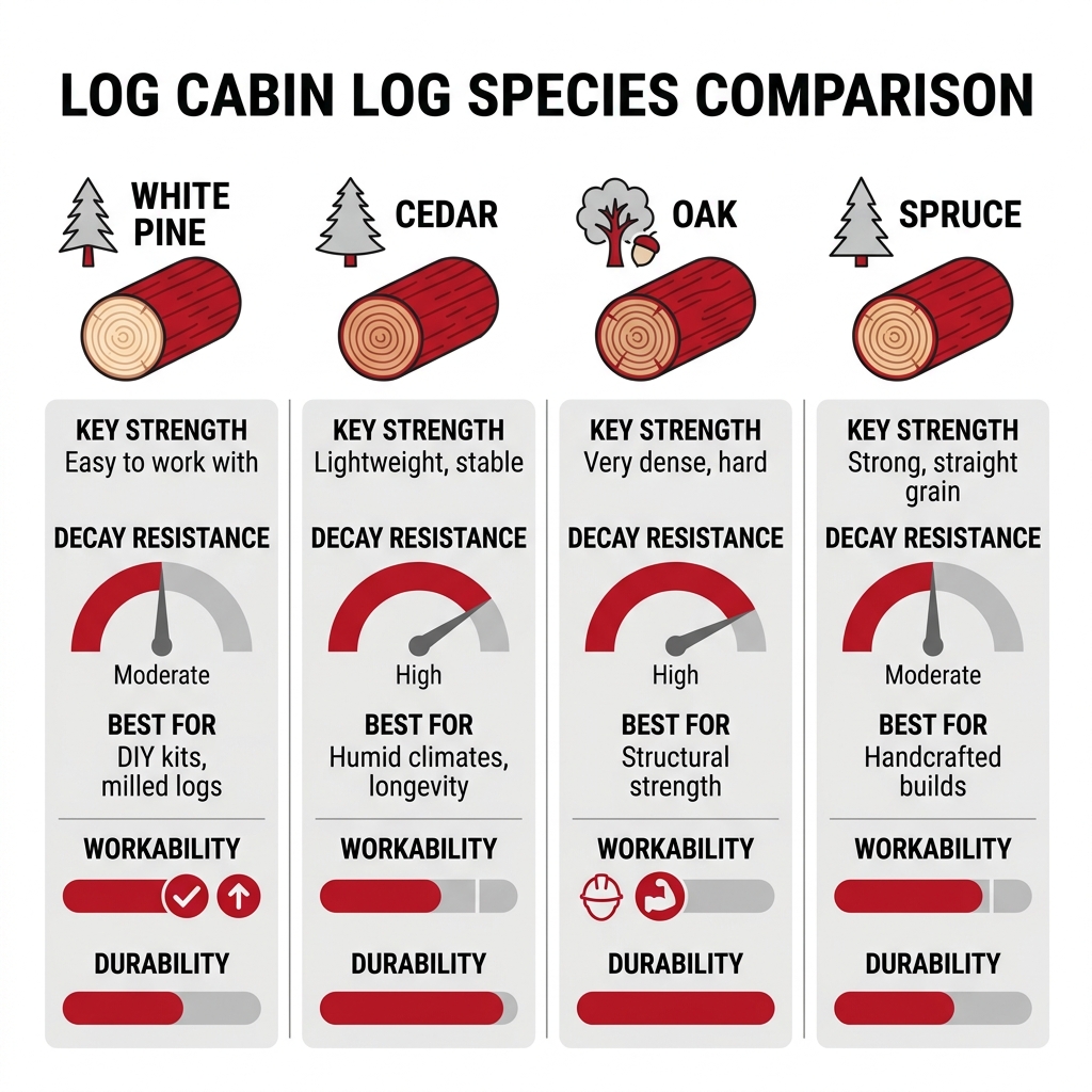 Infographic showing wood species comparison for log cabin logs: White Pine, Cedar, Oak, Spruce by durability and workability