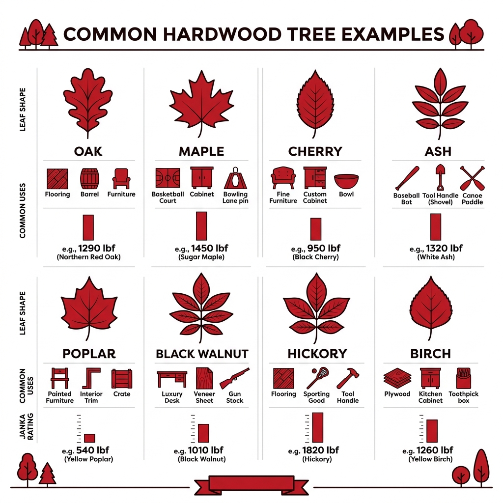 Infographic showing common hardwood tree examples with leaf shapes, uses, and Janka hardness ratings - examples of hard wood Infographic showing common hardwood tree examples with leaf shapes, uses, and Janka hardness ratings - examples of hard wood
