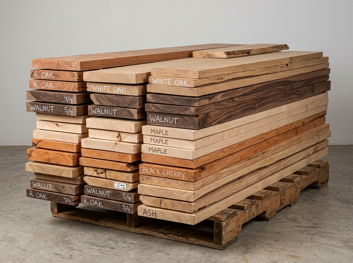 A collection of mixed hardwood lumber showing the variety of colors and grain patterns available in North American species A collection of mixed hardwood lumber showing the variety of colors and grain patterns available in North American species