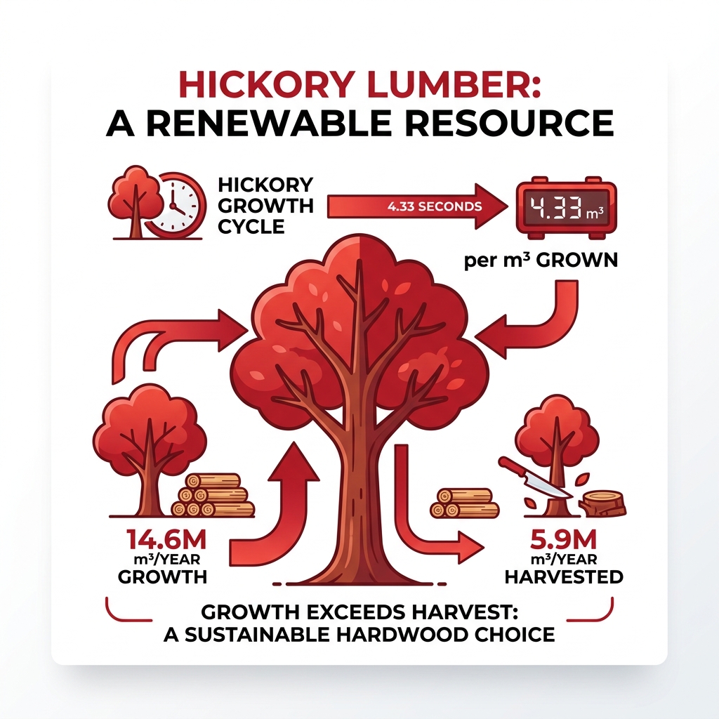 Infographic showing hickory growth cycle: 4.33 seconds per m³ grown, 14.6M m³/year growth vs 5.9M harvested - hickory lumber Infographic showing hickory growth cycle: 4.33 seconds per m³ grown, 14.6M m³/year growth vs 5.9M harvested - hickory lumber