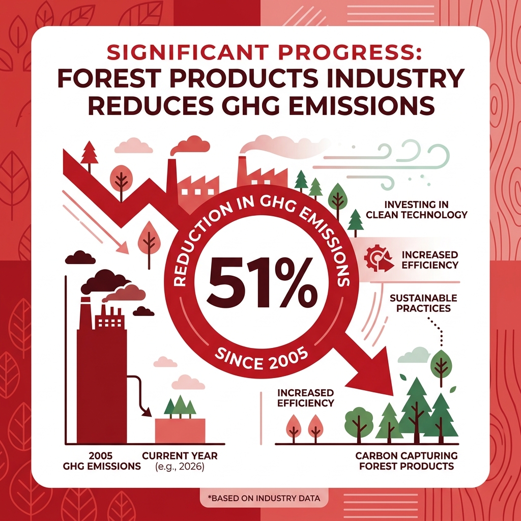 Infographic showing the 51% reduction in GHG emissions by the forest products industry since 2005 - carbon capturing forest Infographic showing the 51% reduction in GHG emissions by the forest products industry since 2005 - carbon capturing forest