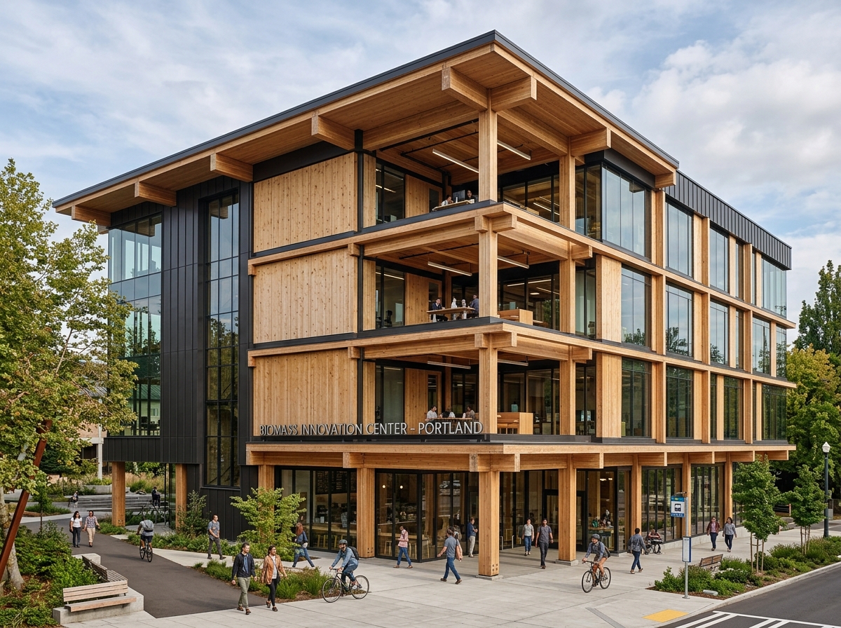 Modern mass timber building showcasing exposed hardwood beams and structural panels - carbon capturing forest products Modern mass timber building showcasing exposed hardwood beams and structural panels - carbon capturing forest products