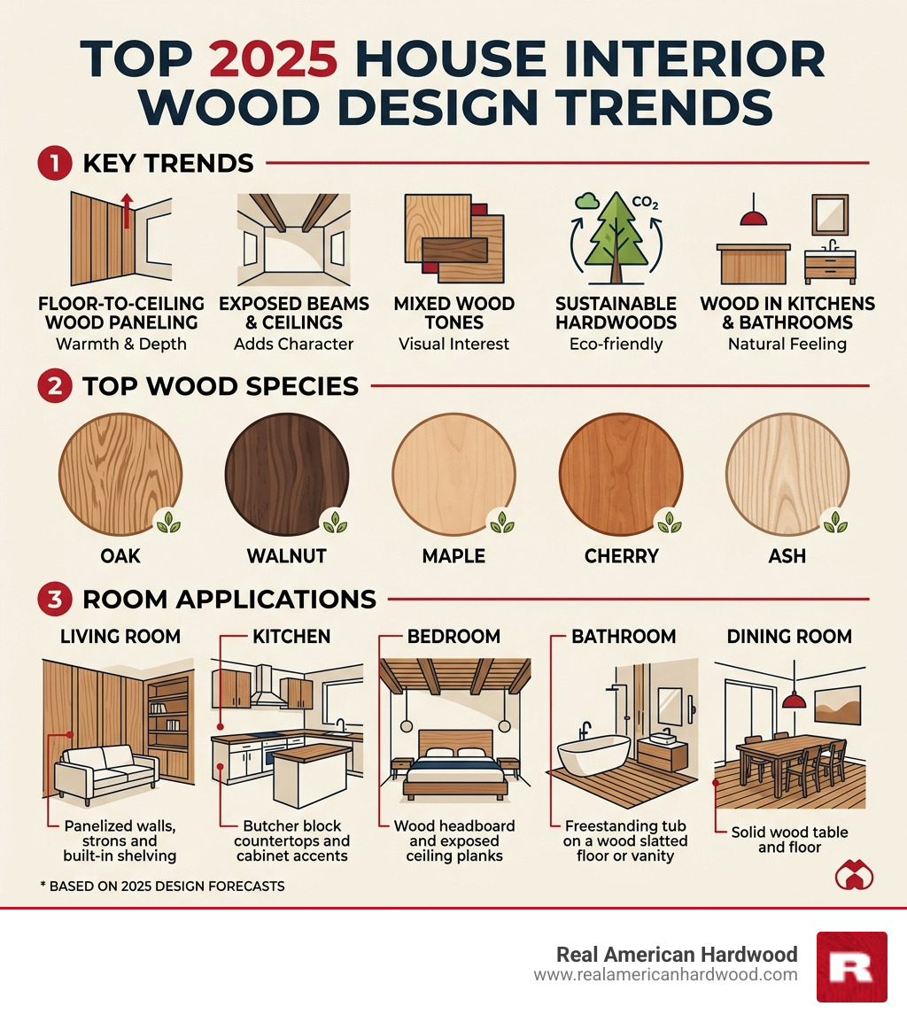 Infographic showing top 2026 house interior wood design trends, wood species, and room applications - house interior wood