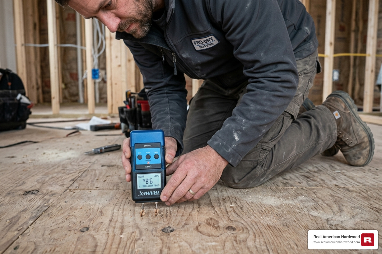 technician using a pin-type moisture meter on a plywood subfloor - hardwood flooring installation tips