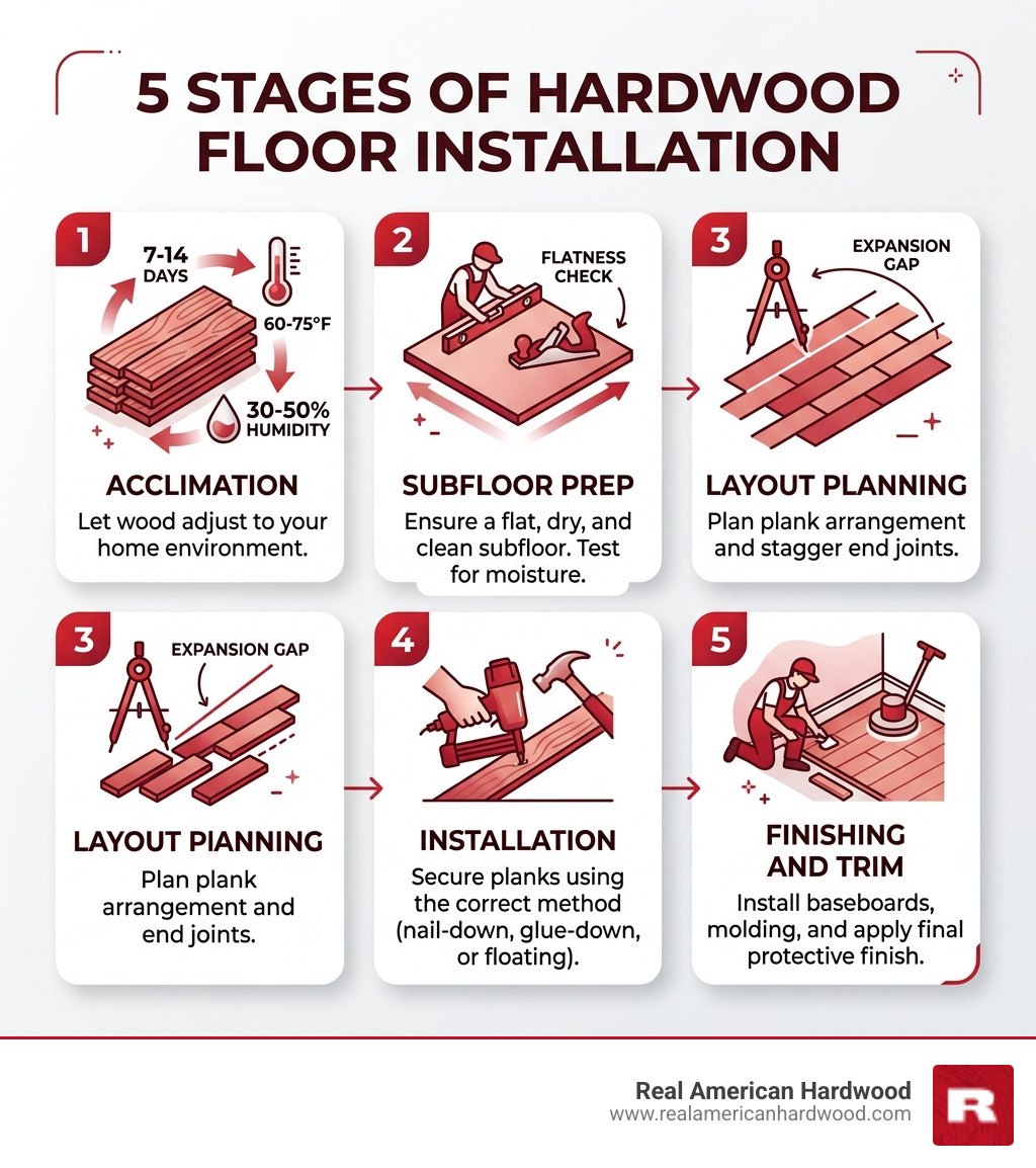 5 stages of hardwood floor installation: acclimation, subfloor prep, layout planning, installation, finishing and trim