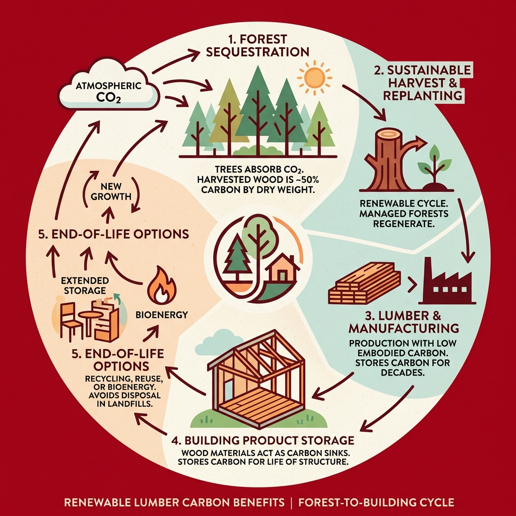 Forest-to-building carbon cycle infographic showing sequestration, harvest, product storage, and end-of-life - renewable