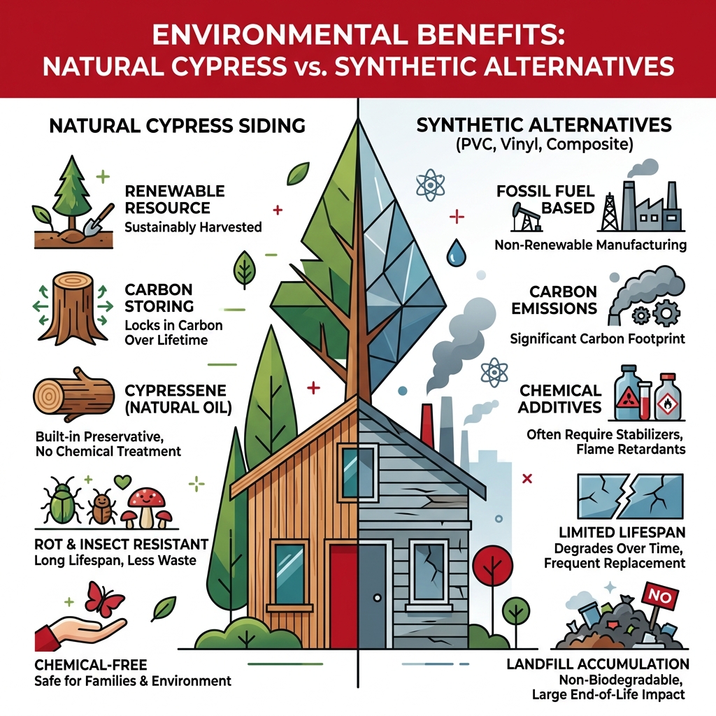Infographic showing environmental benefits of natural cypress siding vs synthetic alternatives - environmentally safe