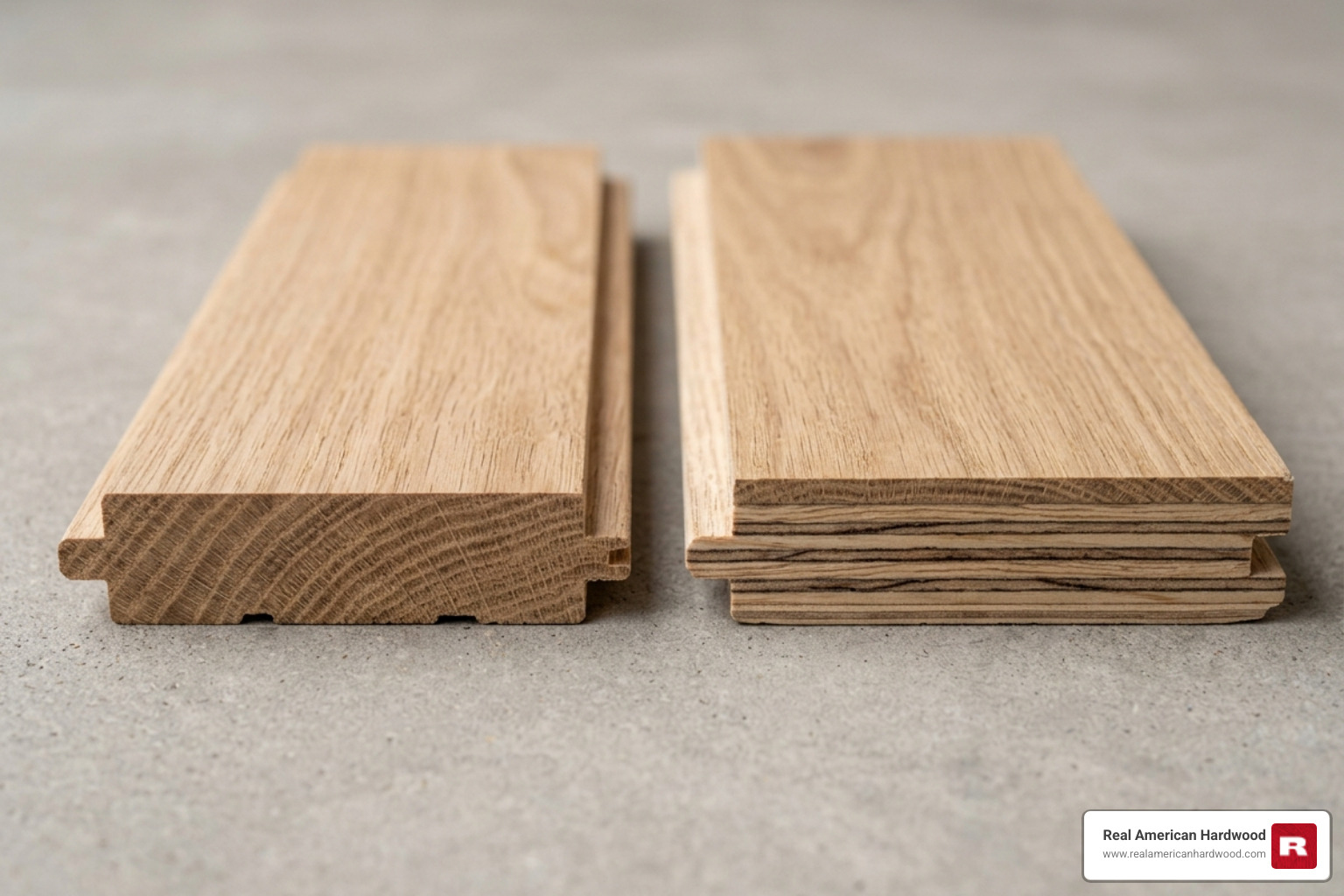 solid hardwood tongue and groove next to engineered hardwood cross section - durable wood flooring