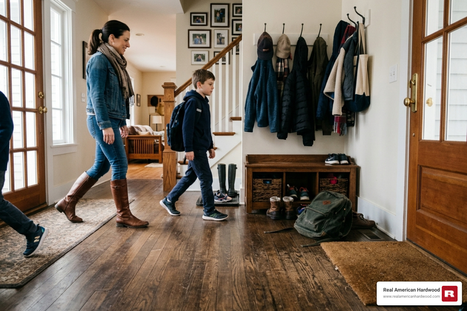 densified wood floor in a busy entryway - durable wood flooring