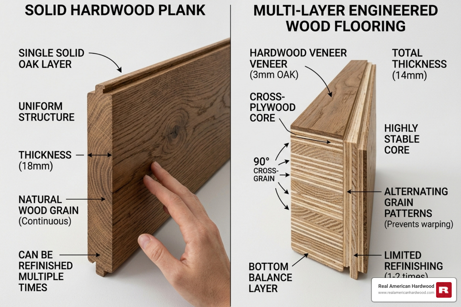 Cross-section comparison between solid hardwood and multi-layer engineered wood - engineered hardwood flooring for kitchen