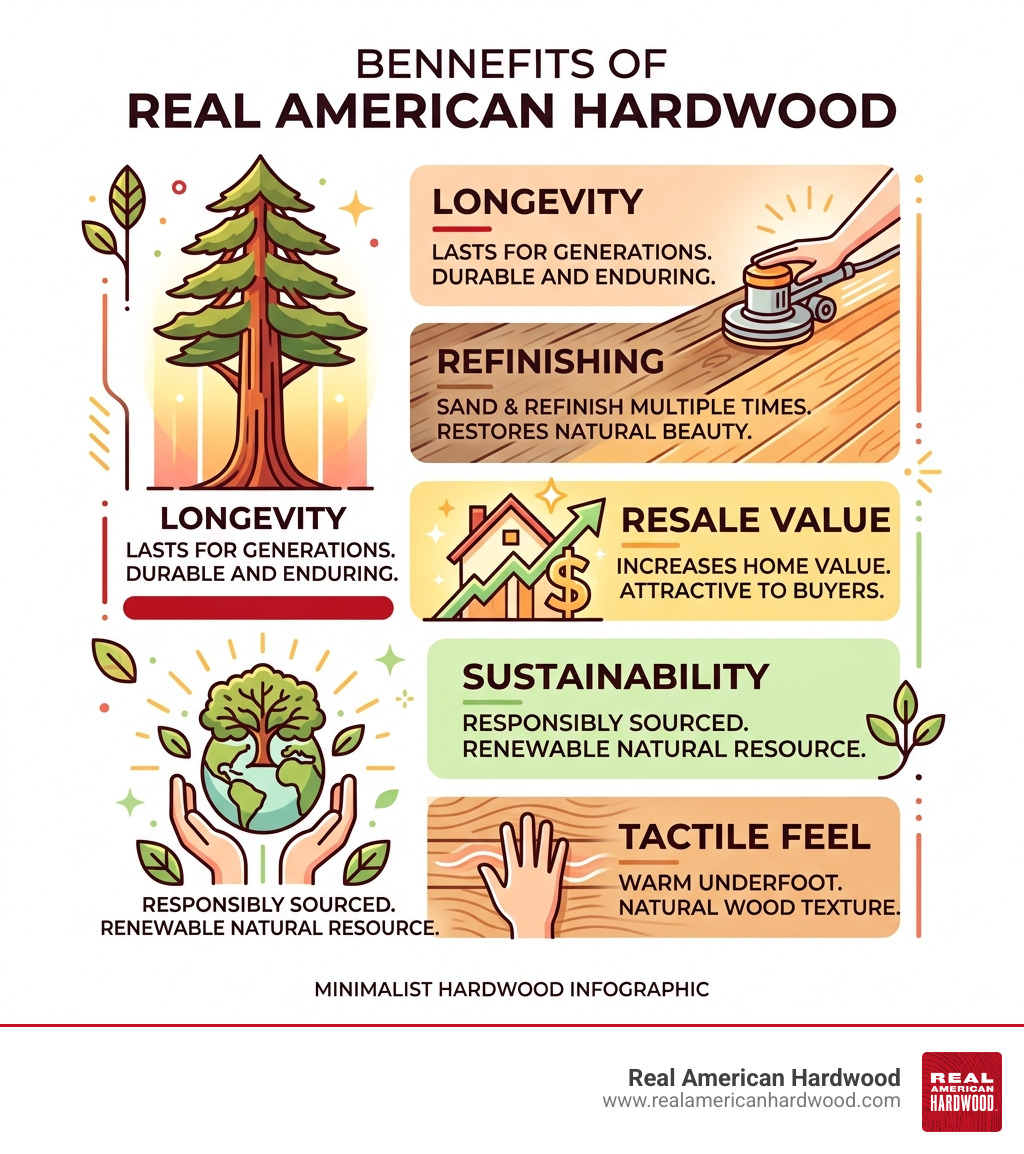 Infographic comparing Real American Hardwood benefits: longevity, refinishing, resale, sustainability, tactile feel - best Infographic comparing Real American Hardwood benefits: longevity, refinishing, resale, sustainability, tactile feel - best