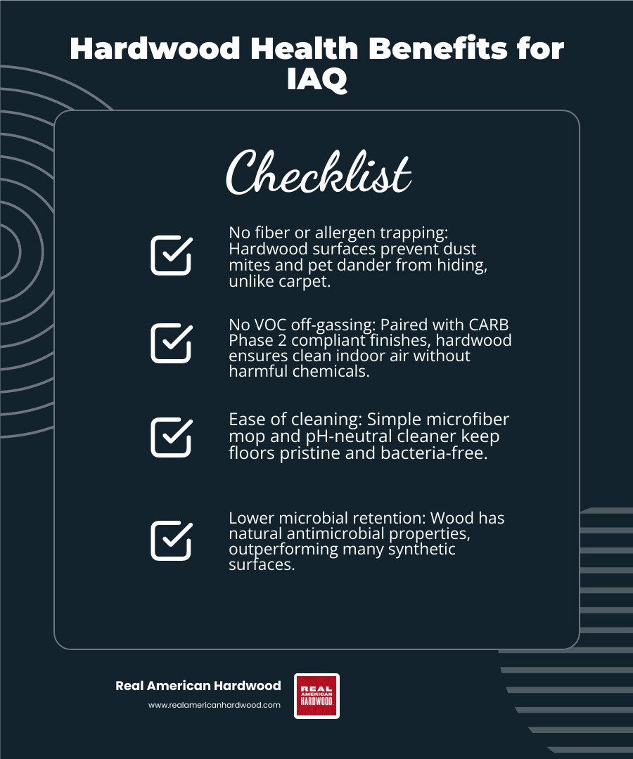 Infographic showing the health benefits of hardwood including IAQ and stress reduction - wood for interior design Infographic showing the health benefits of hardwood including IAQ and stress reduction - wood for interior design