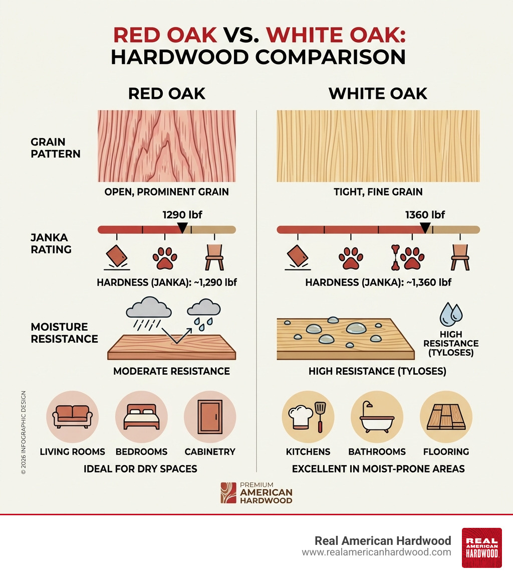 Infographic comparing Red Oak vs White Oak grain patterns, Janka ratings, moisture resistance, and best interior design uses Infographic comparing Red Oak vs White Oak grain patterns, Janka ratings, moisture resistance, and best interior design uses