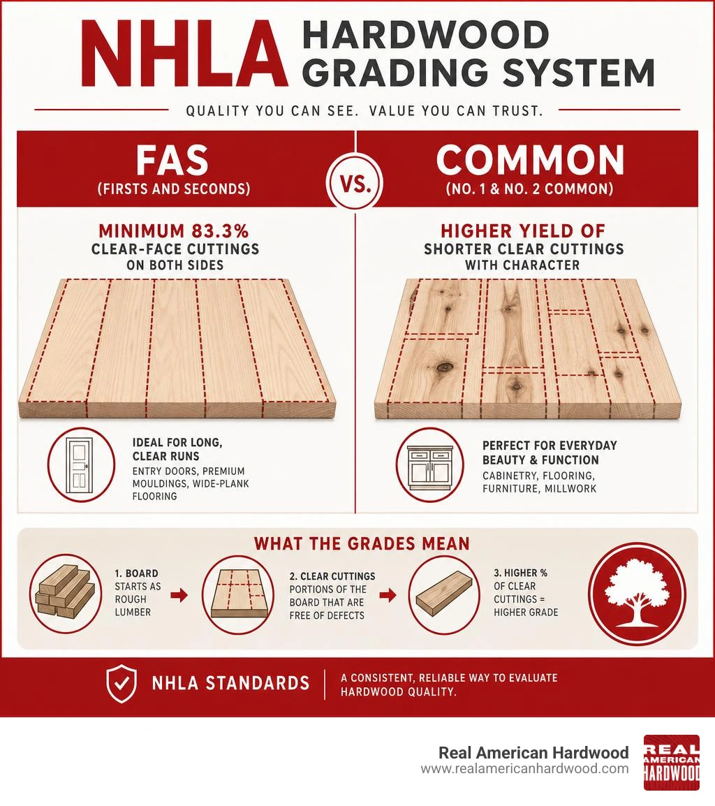 Infographic: NHLA Hardwood Grading System showing FAS vs. Common grades and clear cutting percentages infographic Infographic: NHLA Hardwood Grading System showing FAS vs. Common grades and clear cutting percentages infographic