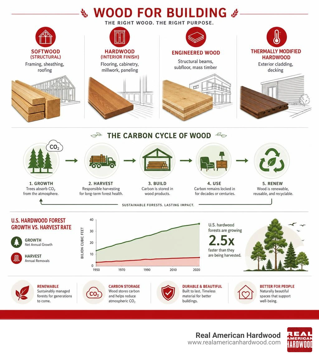 Infographic: wood for building categories, carbon cycle, and U.S. hardwood forest growth vs. harvest rate infographic Infographic: wood for building categories, carbon cycle, and U.S. hardwood forest growth vs. harvest rate infographic