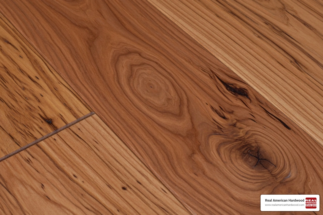 Close-up of finished American hardwood flooring highlighting the intricate, natural grain patterns and rich character of Close-up of finished American hardwood flooring highlighting the intricate, natural grain patterns and rich character of