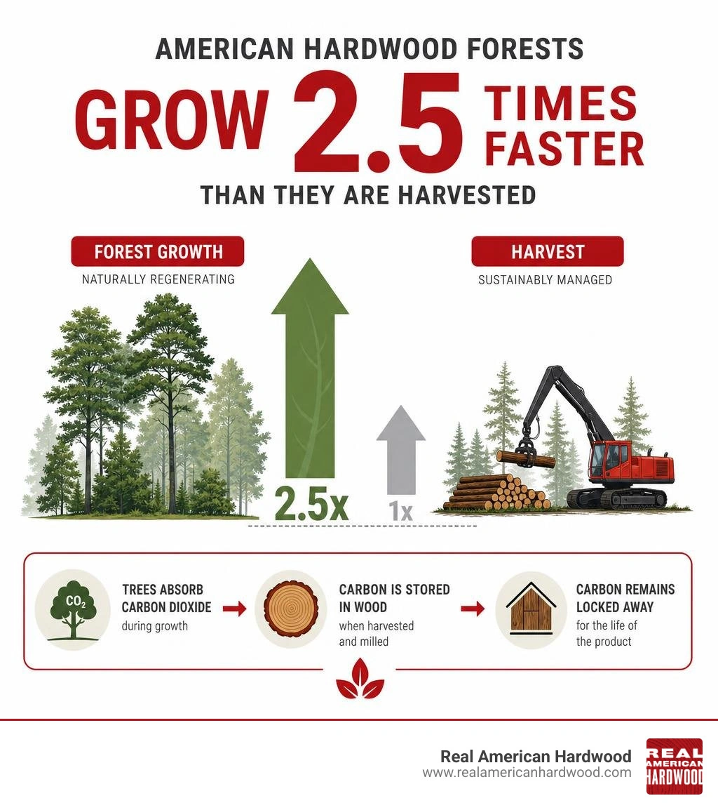 Infographic showing carbon sequestration of American hardwood forests growing 2.5 times faster than harvested infographic