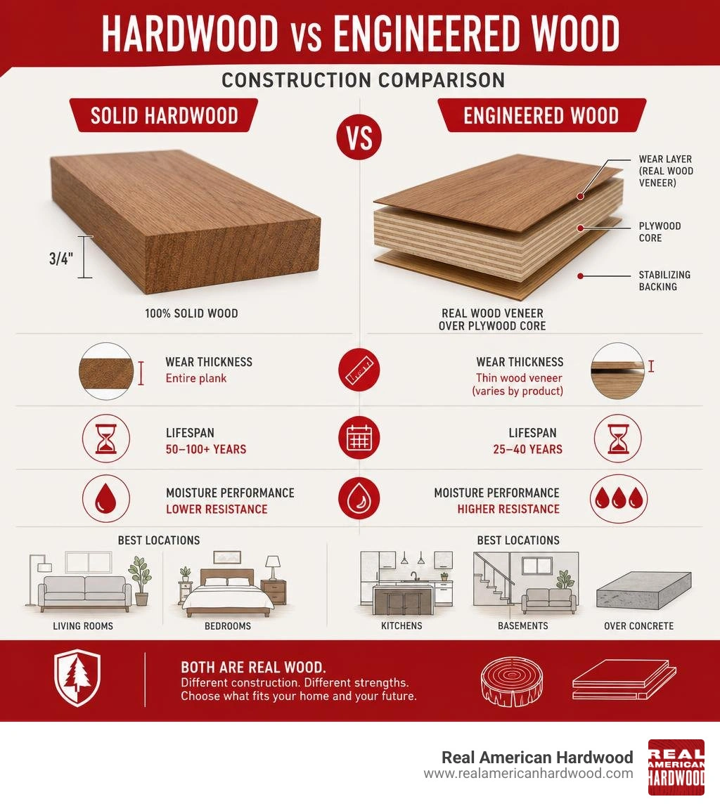 Hardwood vs engineered wood construction comparison: solid plank, veneer layers, wear thickness, lifespan, and moisture