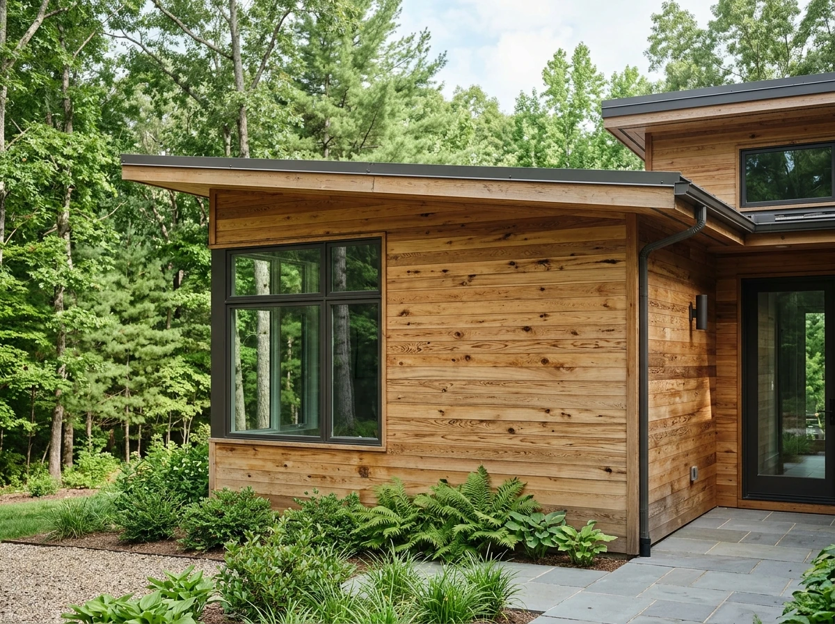 Thermally modified hardwood siding on a modern building Thermally modified hardwood siding on a modern building