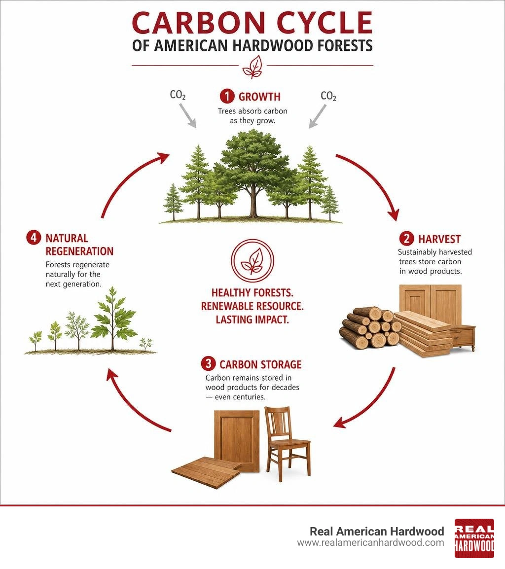Carbon cycle of American hardwood forests showing growth, harvest, carbon storage, and natural regeneration infographic Carbon cycle of American hardwood forests showing growth, harvest, carbon storage, and natural regeneration infographic