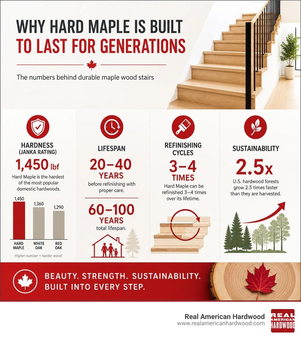 Infographic comparing Hard Maple Janka hardness, lifespan, refinishing cycles, and sustainability data for durable maple Infographic comparing Hard Maple Janka hardness, lifespan, refinishing cycles, and sustainability data for durable maple