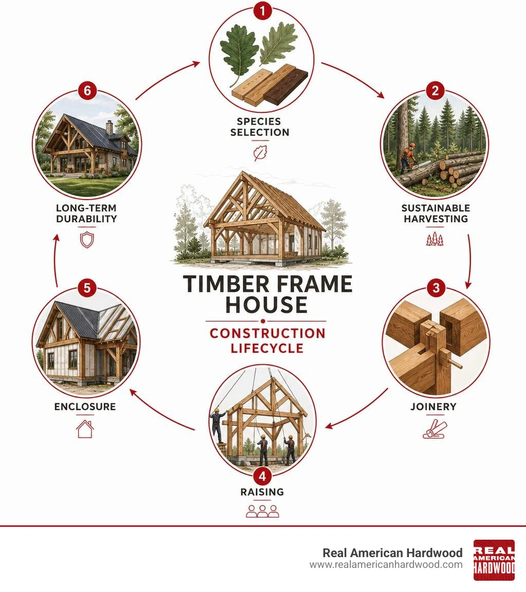 Timber frame house construction lifecycle infographic: species selection, sustainable harvesting, joinery, raising