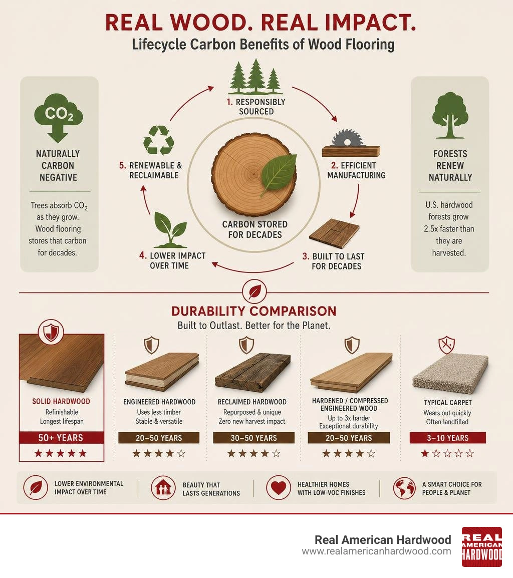 Lifecycle carbon benefits and durability comparison of real wood flooring types infographic infographic Lifecycle carbon benefits and durability comparison of real wood flooring types infographic infographic