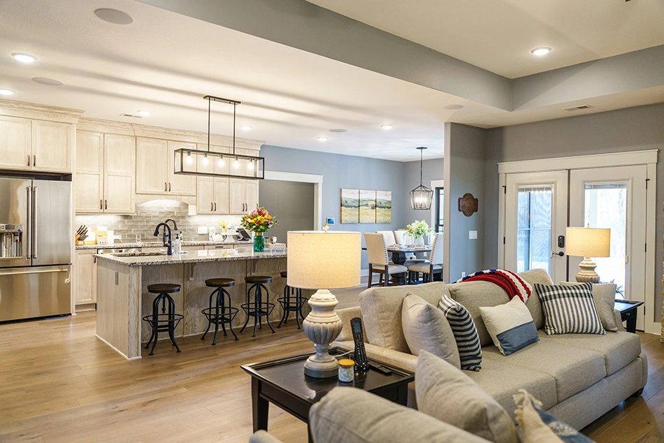 A warm, inviting family room with real American cherry wood floors and natural lighting