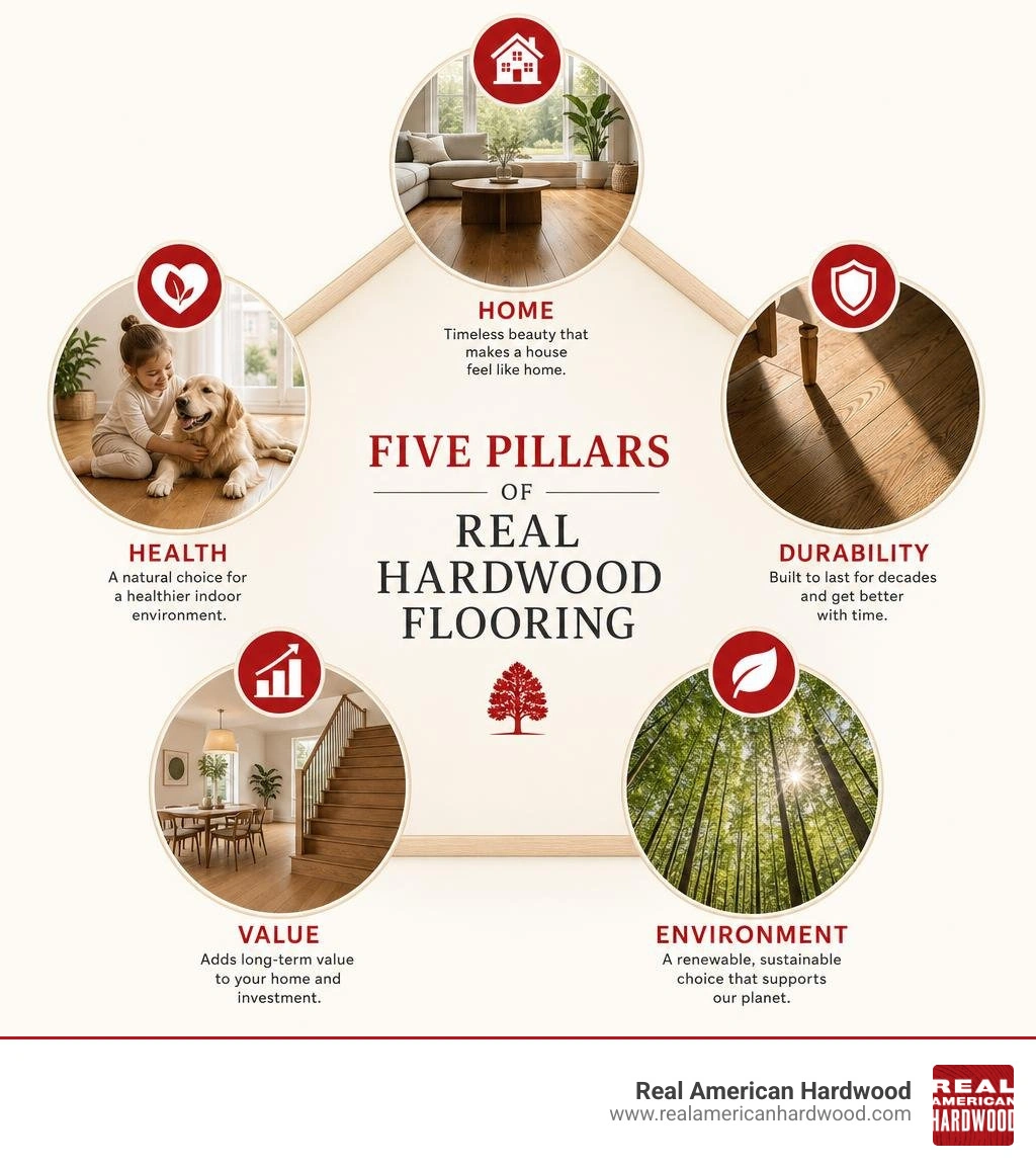 Five pillars of real hardwood flooring: Home, Health, Durability, Value, Environment infographic