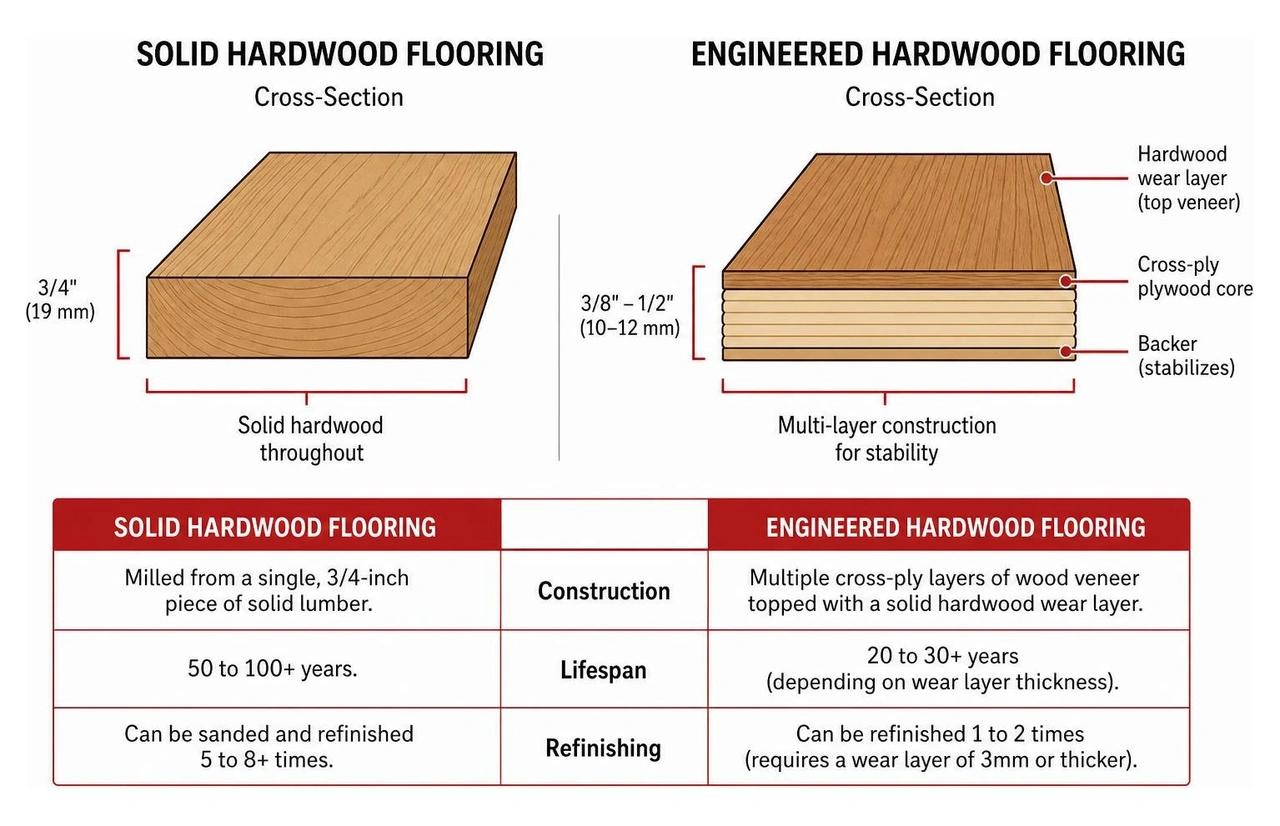 A comparison diagram showing the cross-sections of solid and engineered hardwood flooring