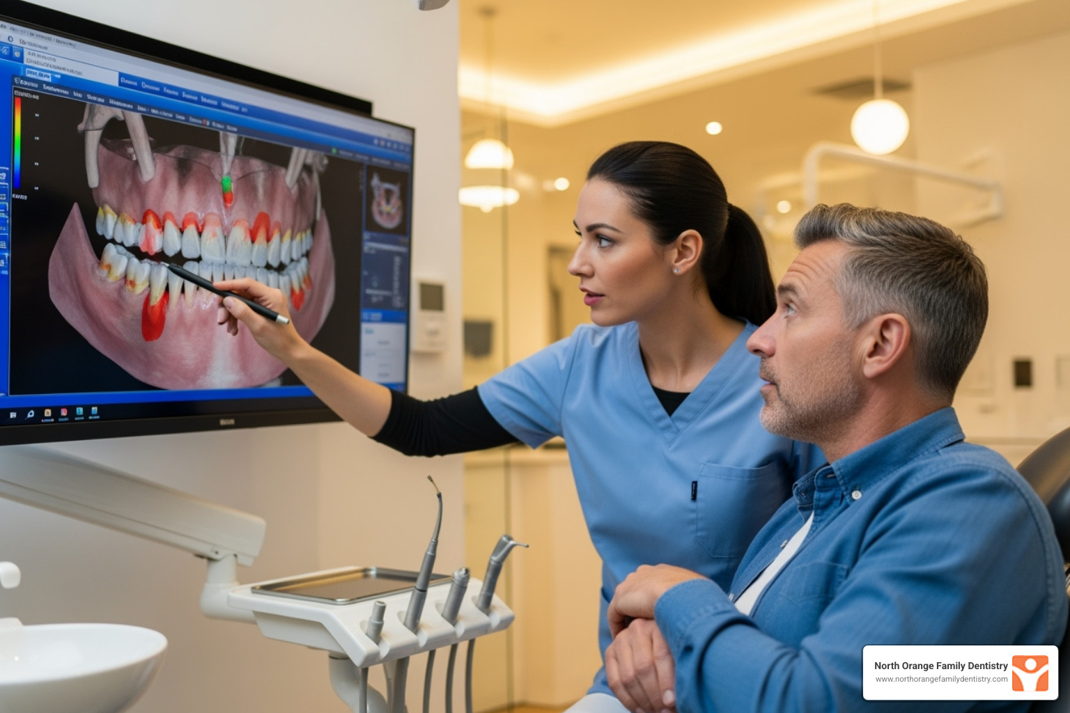 a dentist and patient looking at a screen with a 3D dental scan - clear aligners