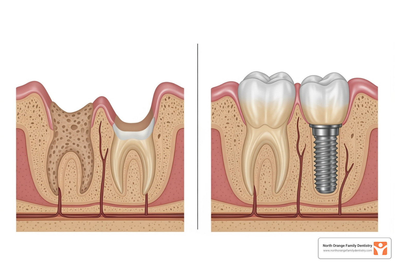 A visual comparison showing a jaw with a missing tooth experiencing bone loss versus a jaw with a dental implant, demonstrating the preservation of bone structure around the implant. - how much do dental implants cost without insurance