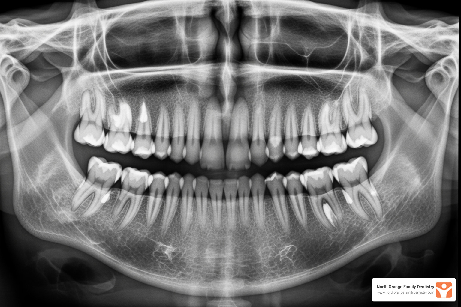 A dental x-ray showing areas of jawbone density loss and a potential need for bone grafting to support a future dental implant. - how much do dental implants cost without insurance