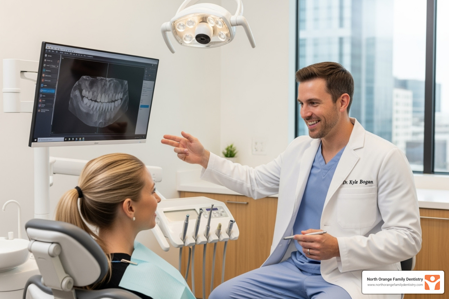 Image of Dr. Kyle Bogan smiling with a patient - cost of dental bonding without insurance