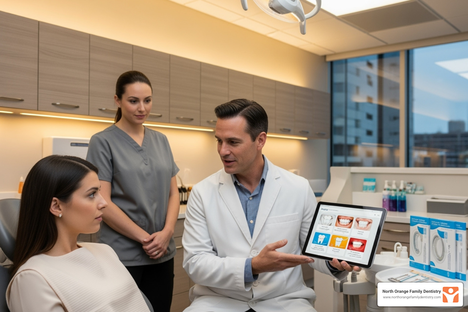 Patient discussing professional teeth whitening with dentist