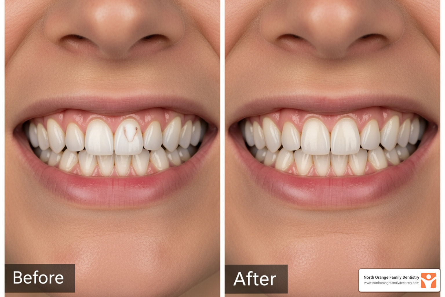 before-after of a discolored tooth matched to the rest of the smile with bonding - dental bonding before after