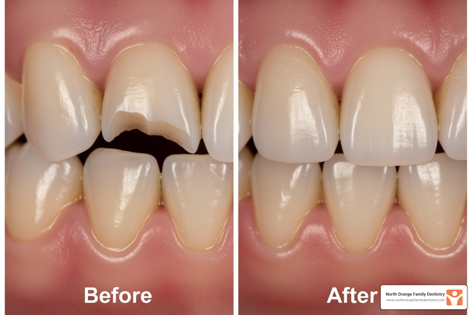 before-after of a chipped front tooth repaired with dental bonding - dental bonding before after
