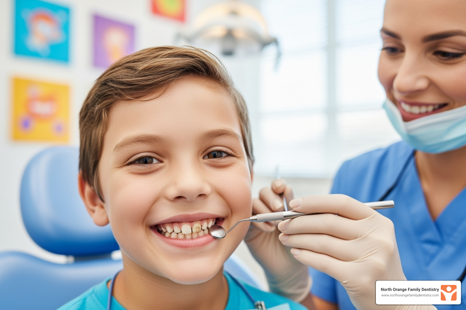 Friendly dentist showing a child the bonding tools - dental bonding for kids