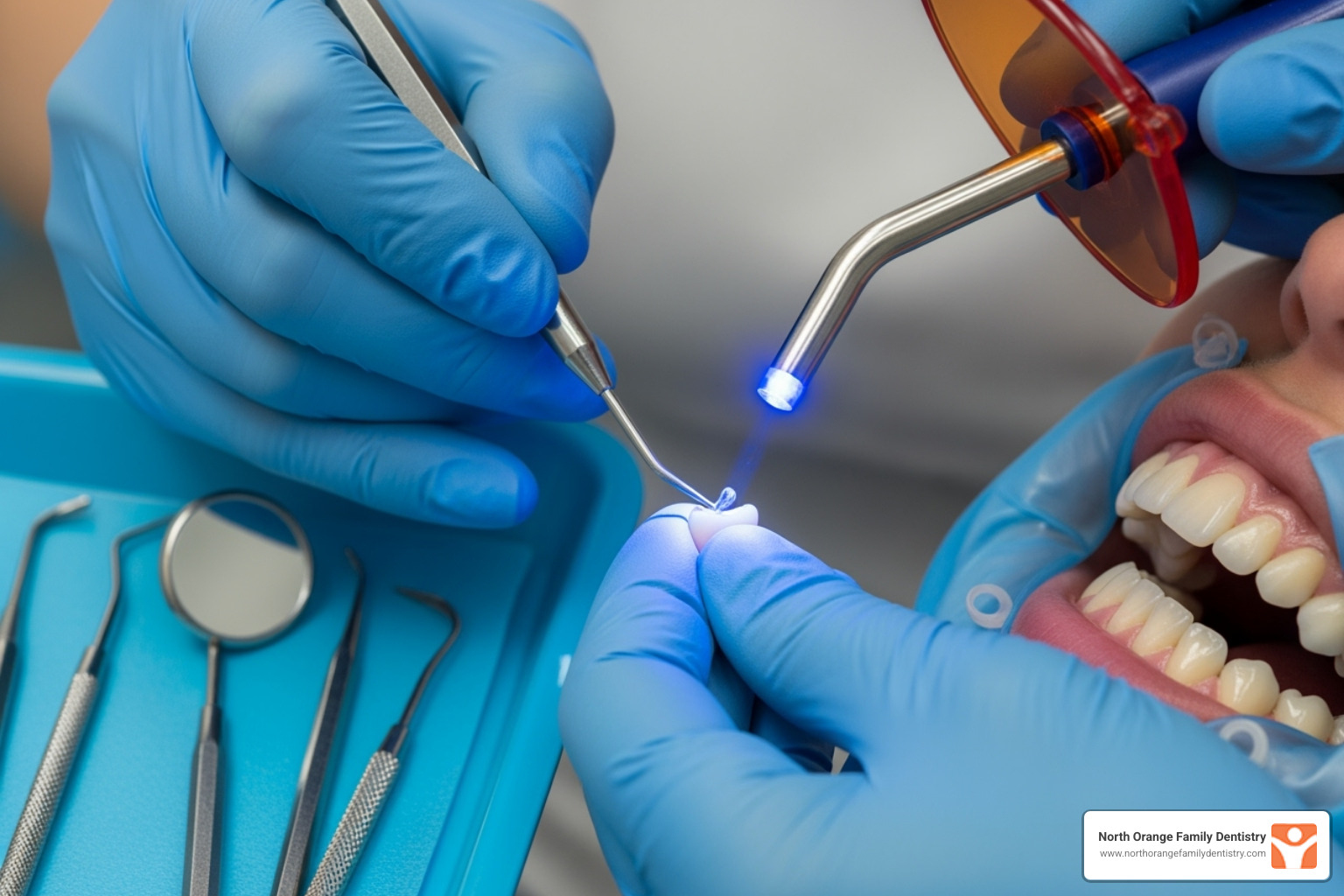 A dentist carefully applying dental bonding material to a patient's front tooth, with tools and a curing light visible. - dental bonding versus veneers
