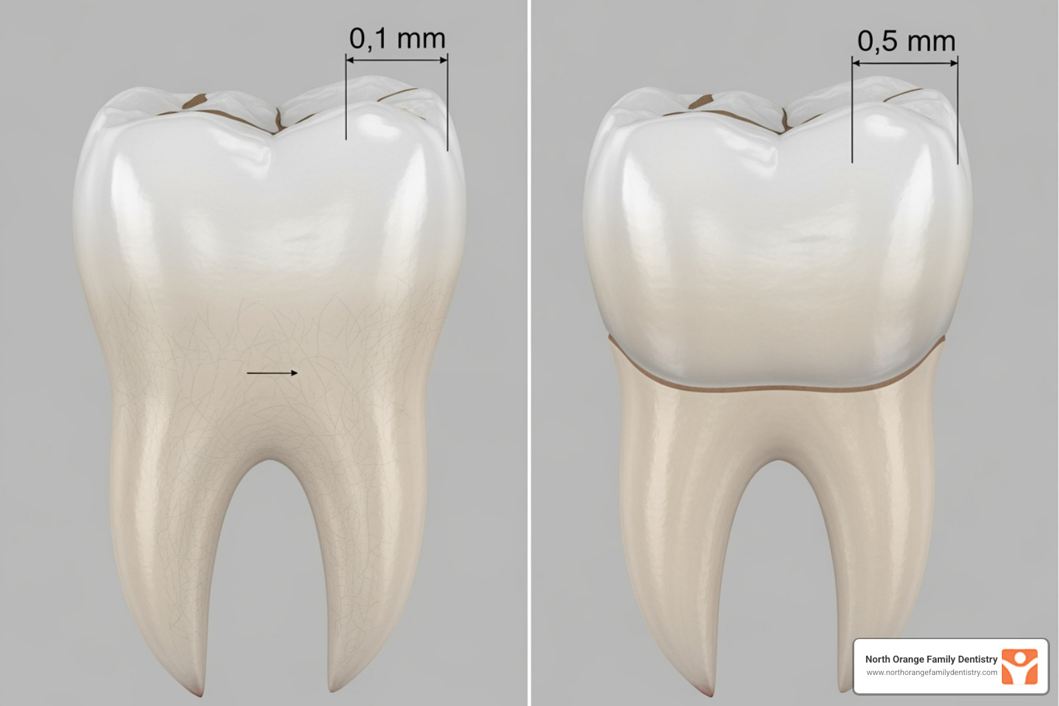 Side-by-side illustration showing a tooth with minimal etching for dental bonding on the left, and a tooth with a noticeable layer of enamel removed for a porcelain veneer on the right, highlighting the difference in invasiveness. - dental bonding versus veneers